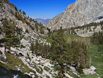 A hiker descends into Outpost Camp, the last big meadow