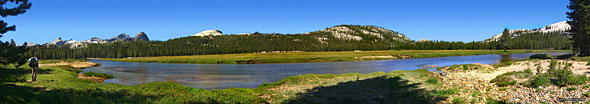 East (L) to west panorama in a remote section of Tuolumne Meadows. The river glides like a snake through the middle, rarely more than 3 ft. deep and 100 ft. wide