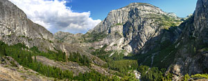 Looking back east up the canyon, on the the climb to bypass impassable Muir Gorge. The canyon up is to the left. Avalanche chutes stripe the mountain at right