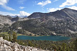 Charlotte Lake from the JMT. View southwest to the distant peaks of the Great Western Divide