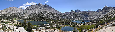 Rae Lakes in the Sierra Nevada of Kings Canyon National Park, California. Center left is Dragon Peak, far right is Painted Lady. View southeast from the Sixty Lakes Basin trail.