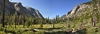 Looking west toward Paradise Valley, a steep canyon connecting Roads End in the west with the John Muir Trail to the east