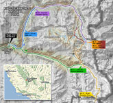 Trail map of 6 day lasso loop to Rae Lakes, 60 Lakes and Forester Pass in Kings Canyon National Park, CA