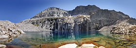 Precipice Lake is almost completely hidden from the trail in a large bowl near the top of Kaweah Gap. The magical blue water color was lost in Ansel Adams famous 1932 photo taken here