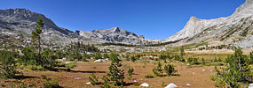 North from the Big Arroyo towards Nine Lakes Basin and Kaweah Gap, which is the deep notch on the left center side of the ridgeline, right of the tallest tree.