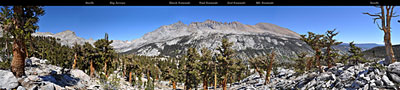 180 degree panorama of the Kaweah's. After many miles of climbing up through the forest from the floor of the Big Arroyo, with only tentative, partial views through the trees, the trail at last reaches a ridge offering an unobstructed view of the dramatic Kaweah Range.