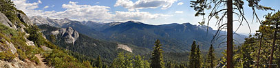 As the HST winds around the mountains and returns west to Crescent Mdws., the Great Western Divide (left) slowly disappears from view. Just left of center is Cliff Creek valley, which I descended from Black Rock Pass. At right is Castle Rocks.