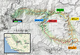 Trail map of 5 day lasso loop around the Great Western Divide in Sequoia National Park, California