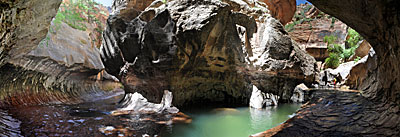 The Subway, Zion National Park, Utah. It was a thrill to have this magical garden of stone and water completely to ourselves. This 180 degree pano is a compilation of 6 images.