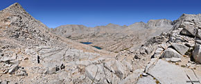 A 180 degree panorama looking into Lake Basin from atop Cartridge Pass, 12,166 ft. Cartridge Peak at left. The Basin landscape looks a little rugged and exposed but it gets much greener and approachable as you venture inside.