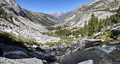 The drainage from Marion Lake joins with Cartridge Creek and makes its way south to the Monarch Divide region of Kings Canyon