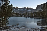 Dusk arrives at Summit Lake. Where the water isn't smooth is from gusting winds